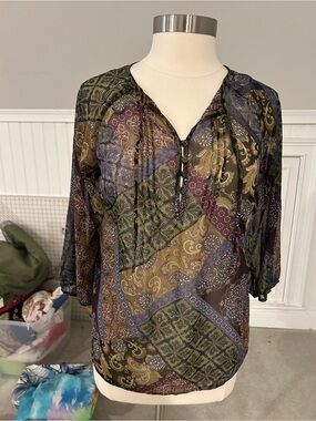 Liz Claiborne Olive and Multi Paisley Patchwork V-Neck Blouse